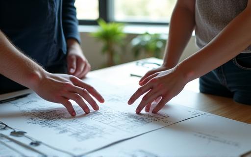 Due persone discutono un progetto su un tavolo da disegno.