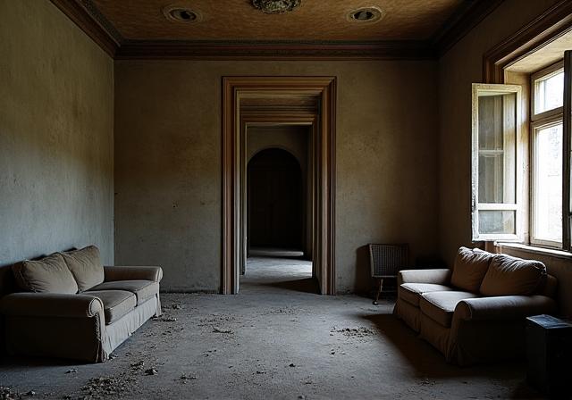 Salotto scuro e frammentato di una villa prima dei lavori, con divisioni in muratura.