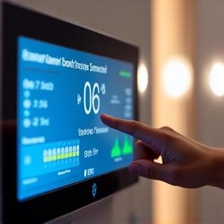 Un pannello di controllo touch-screen di una smart home moderna, che mostra dati sull'efficienza energetica.
